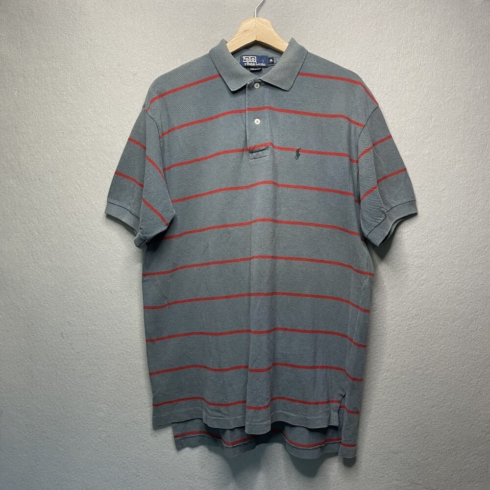 Vintage Polo Ralph Lauren Striped Gray & Red Short-Sleeve Cotton Polo Shirt XL